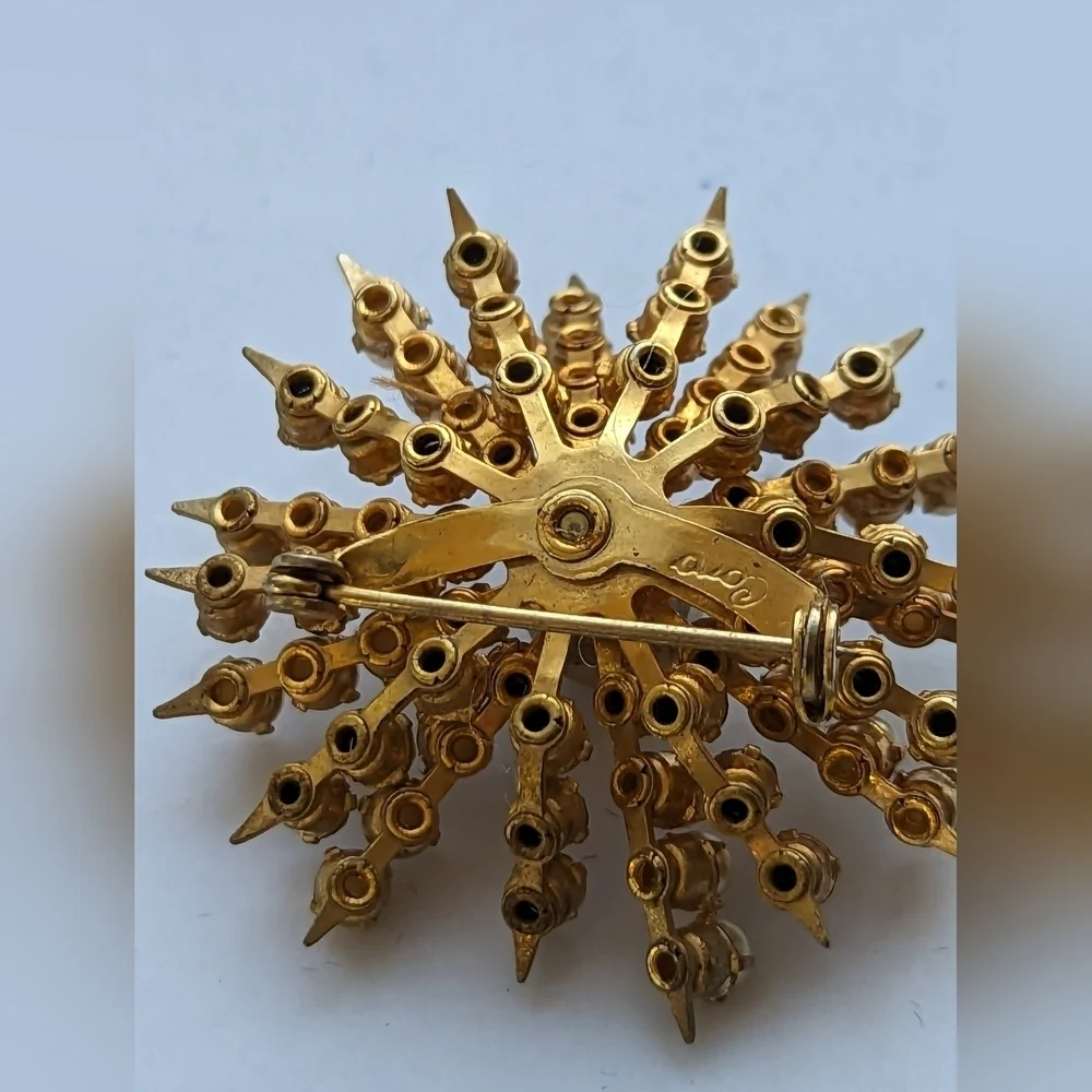 Coro Vintage Signed Brooch Faux Pearls rhinestone diamonds, atomic sun burst